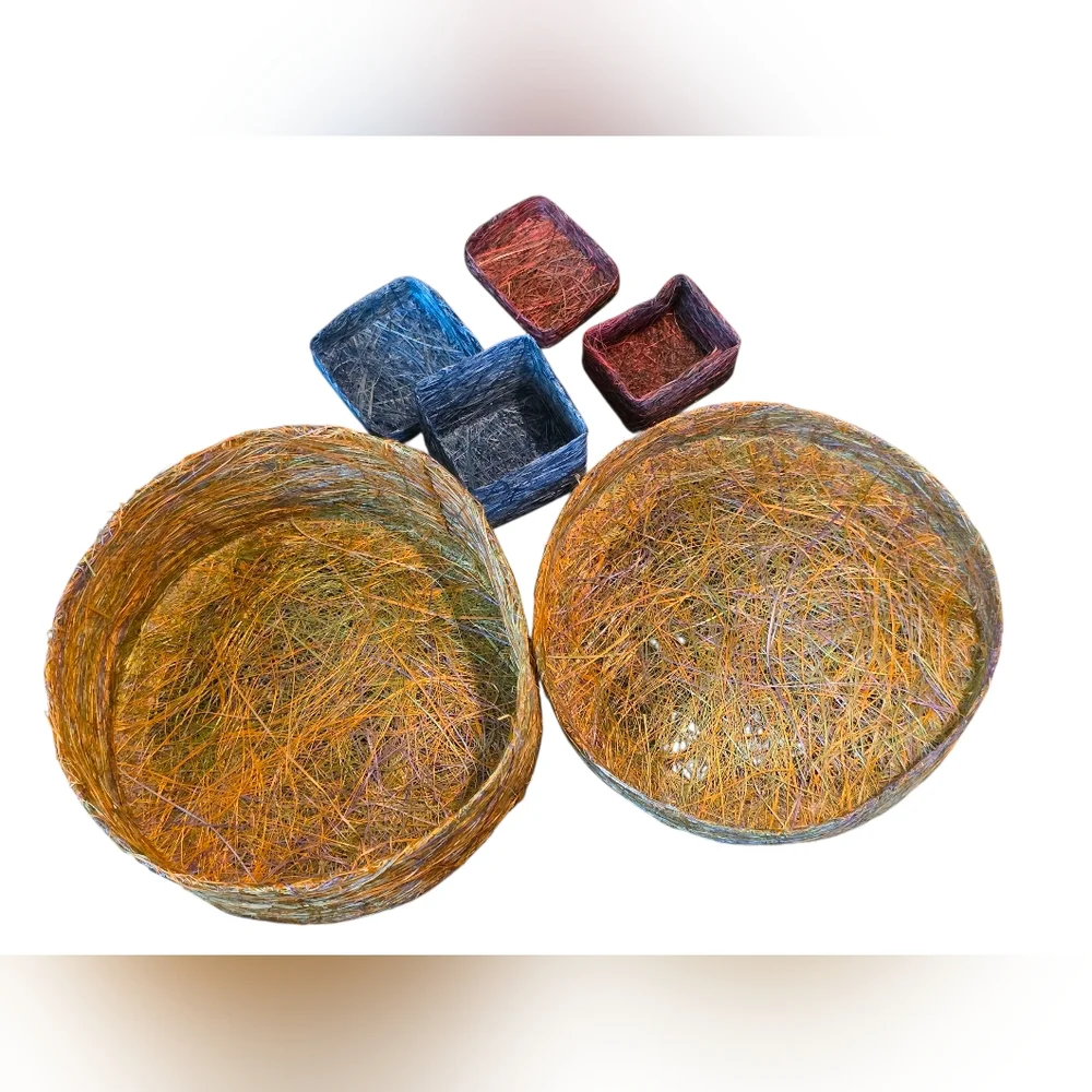 Set Of 3 Coir Multicolor Baskets With Lids: 1 Medium Round 2 Small Rectangular